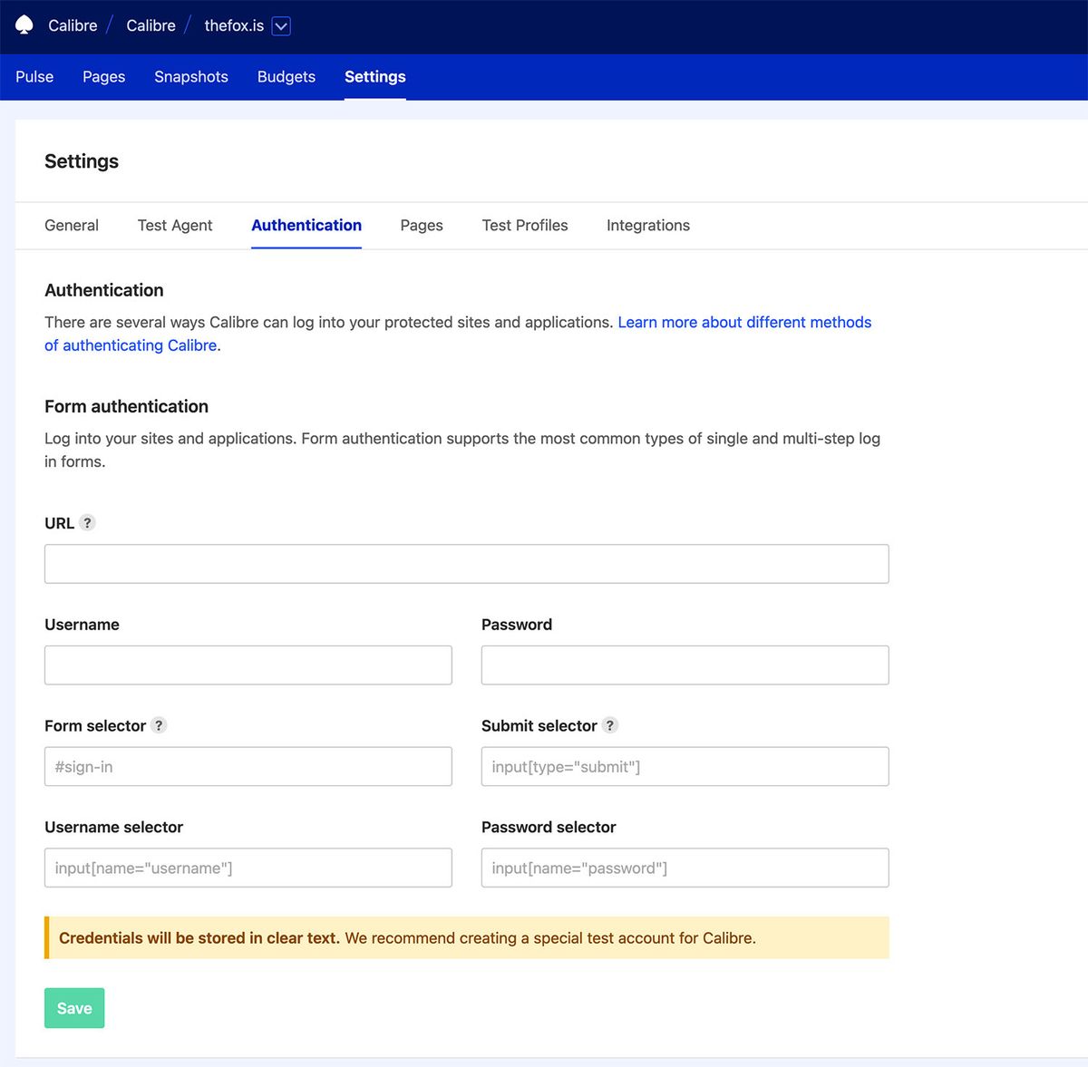 Form Authentication settings showing CSS selectors, username and password we provide to test protected Sites and apps.