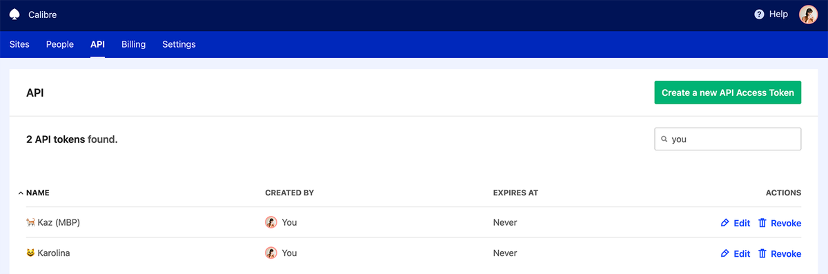 API tab showing a list of API tokens with their name, creator, expiry date and actions.