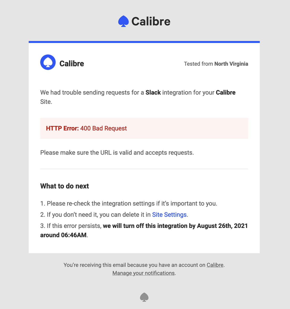 Email notification about a failing Slack integration with a specific error