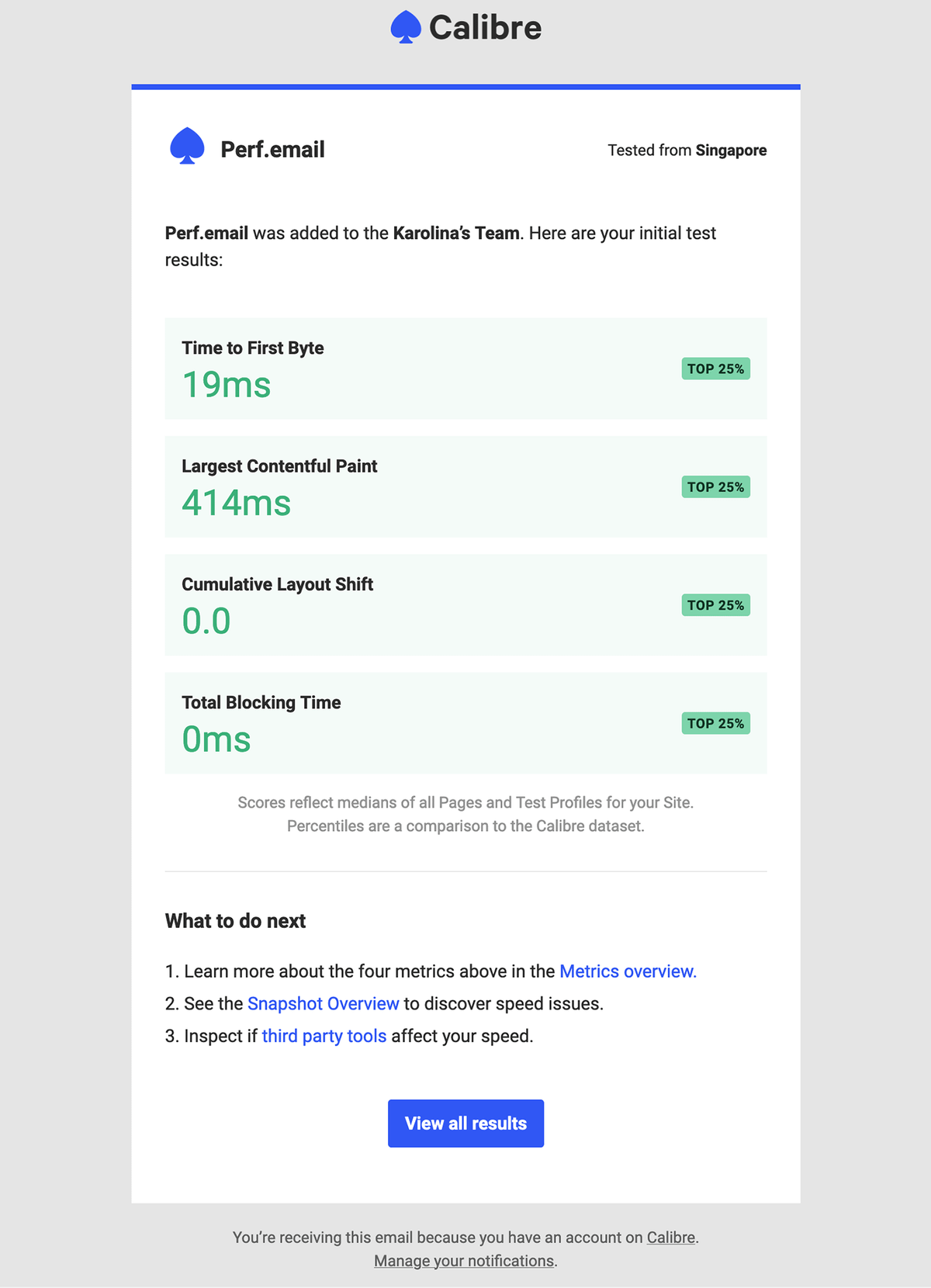 Initial Site results email showing benchmarks for four critical page speed metrics.