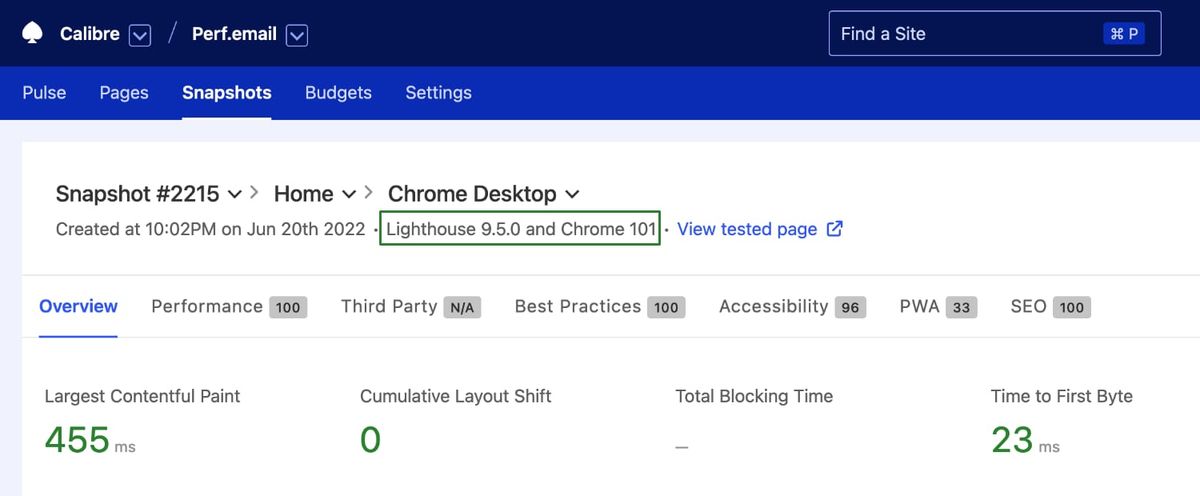 Meta information for a Snapshot test including newly added Lighthouse and Chrome versions.