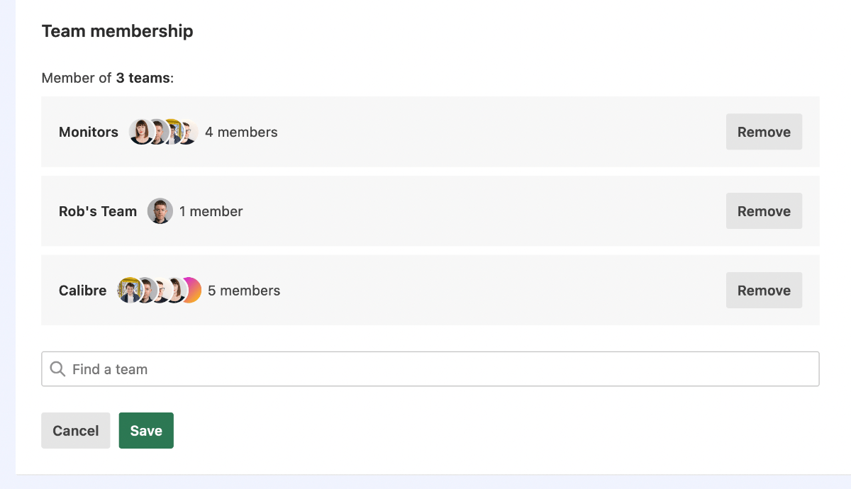 Team membership list showing a three teams with various number of members.