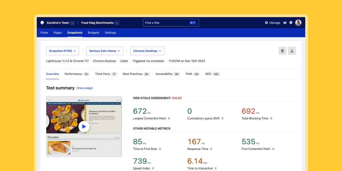 Calibre’s Snapshot Overview for Serious Eats landing page showing Web Vitals assessment as failed