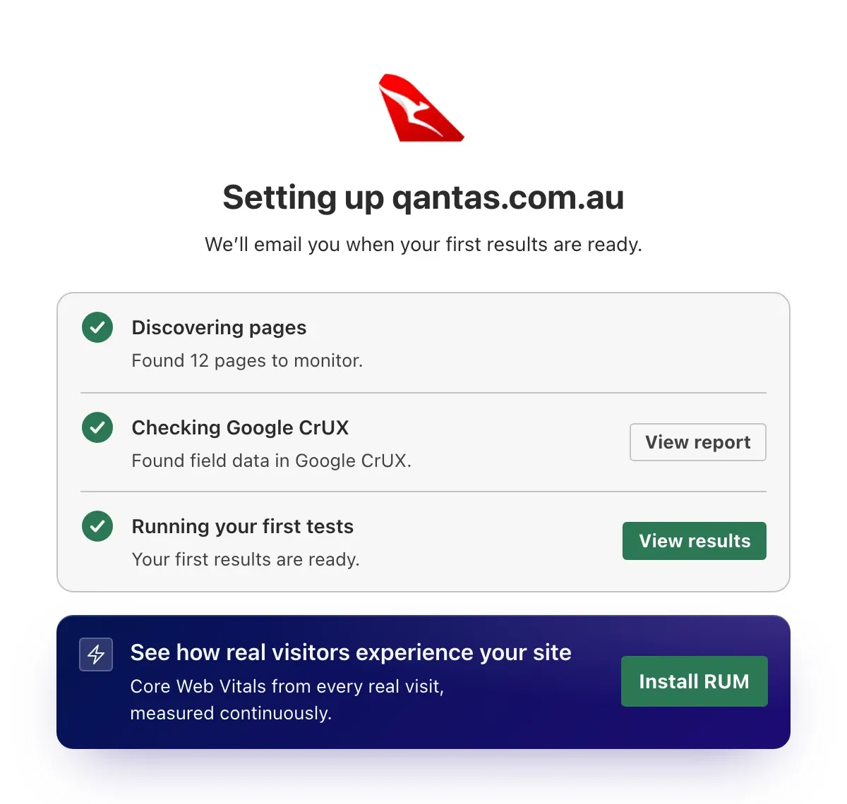 Site setup for qantas.com.au: pages discovered, Google CrUX field data found, and first Synthetic tests ready, with an option to install RUM.
