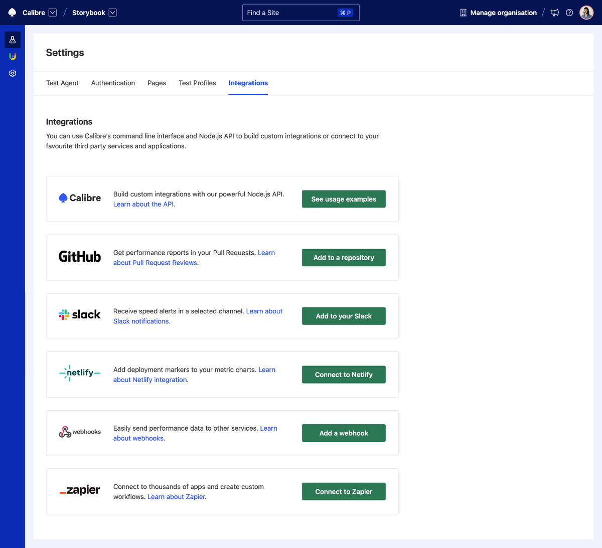 List of integrations available in Calibre for each Site