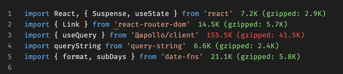 Import cost plugin in Sublime or VSCode reporting the size of third-party libraries as you code.