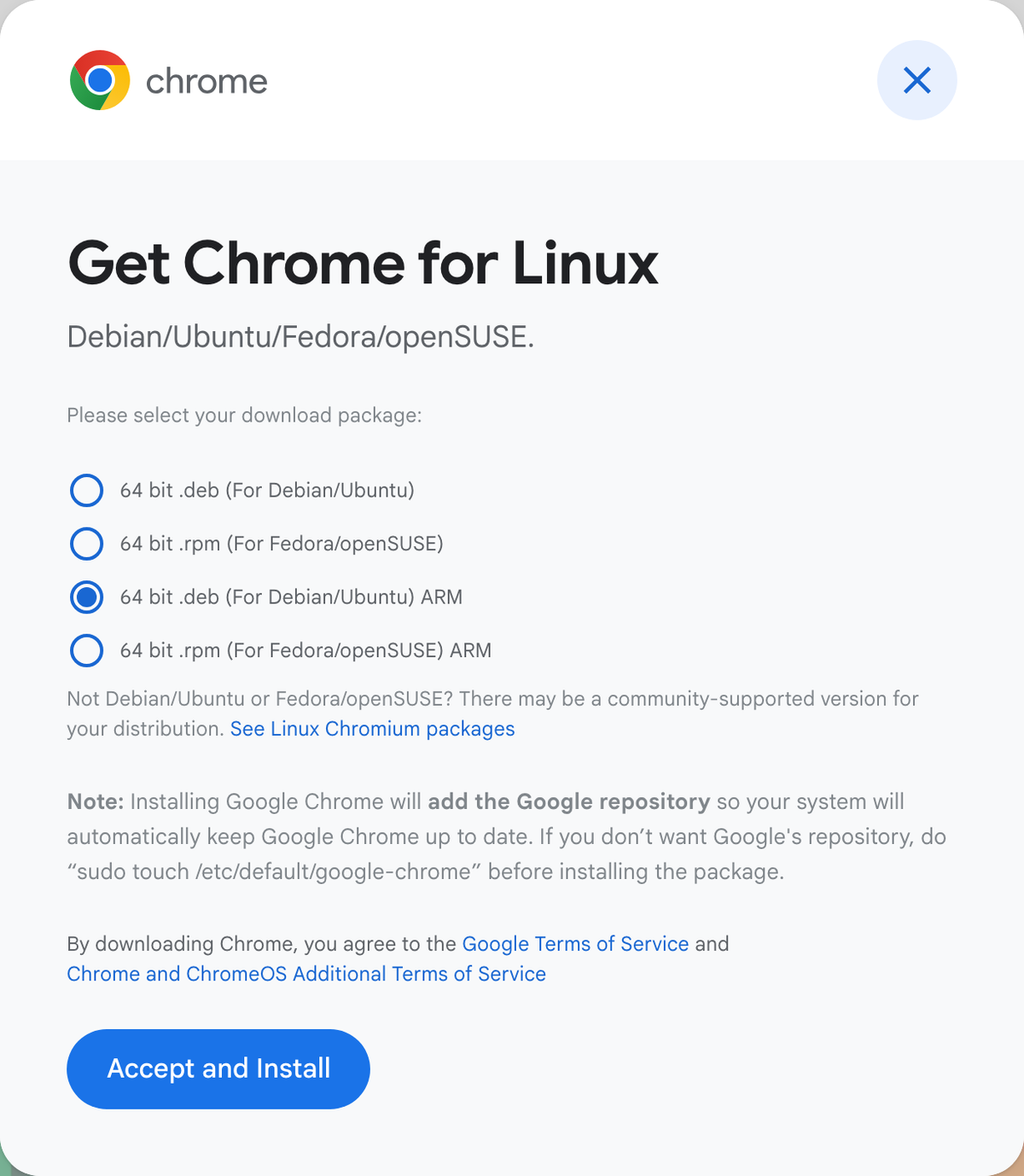 Chrome’s Linux download dialog, listing four packages: 64 bit .deb, 64 bit .rpm, 64 bit .deb ARM, and 64 bit .rpm ARM.