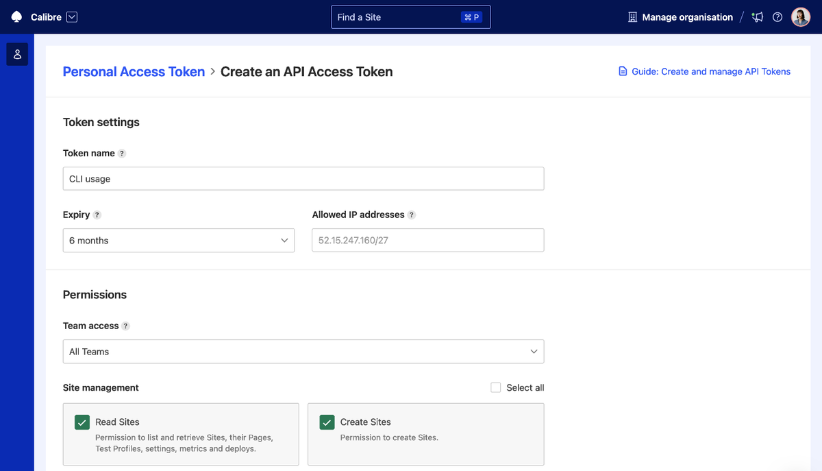 Creating an API Token to use with Calibre APIs to retrieve and manipulate monitoring data