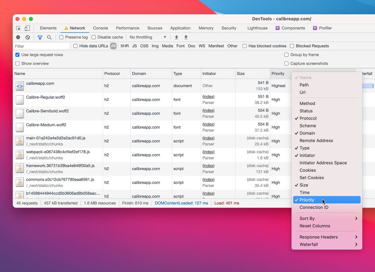 How to enable the Priority column to inspect request priority in Chrome Developer Tools