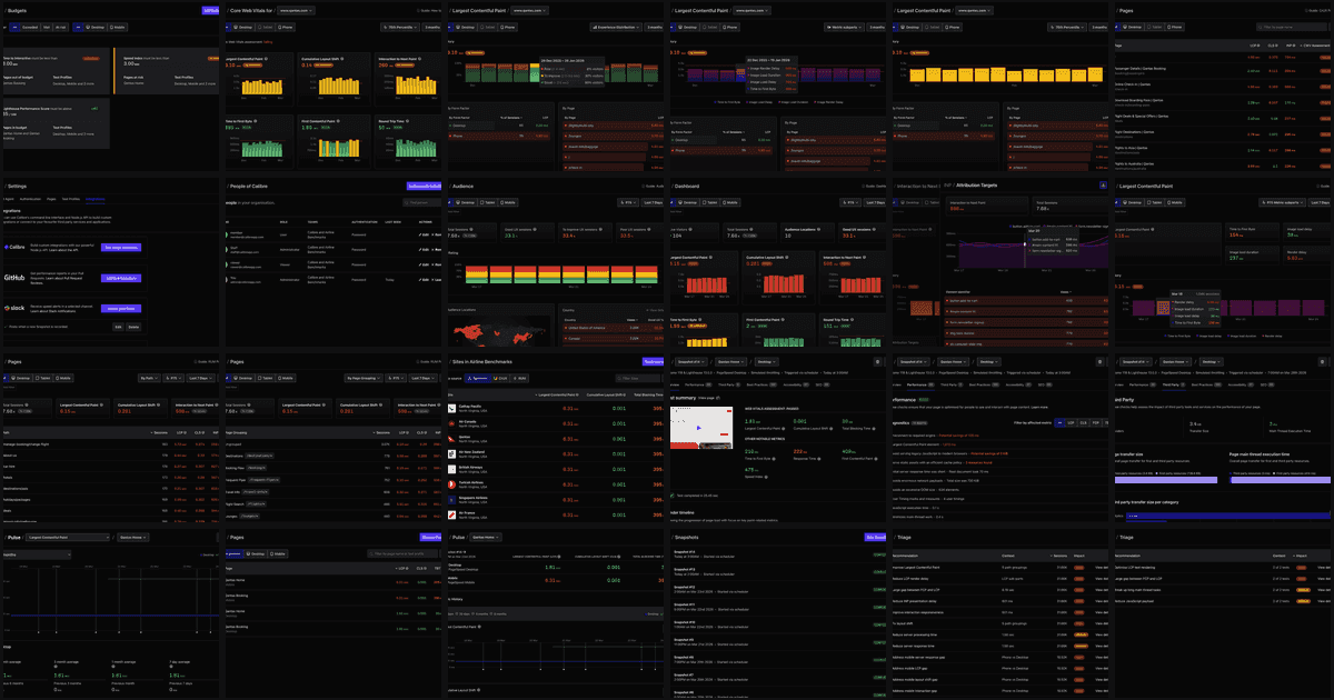 A grid of screenshots from the Calibre application, showing dozens of different pages and views side by side in dark mode.