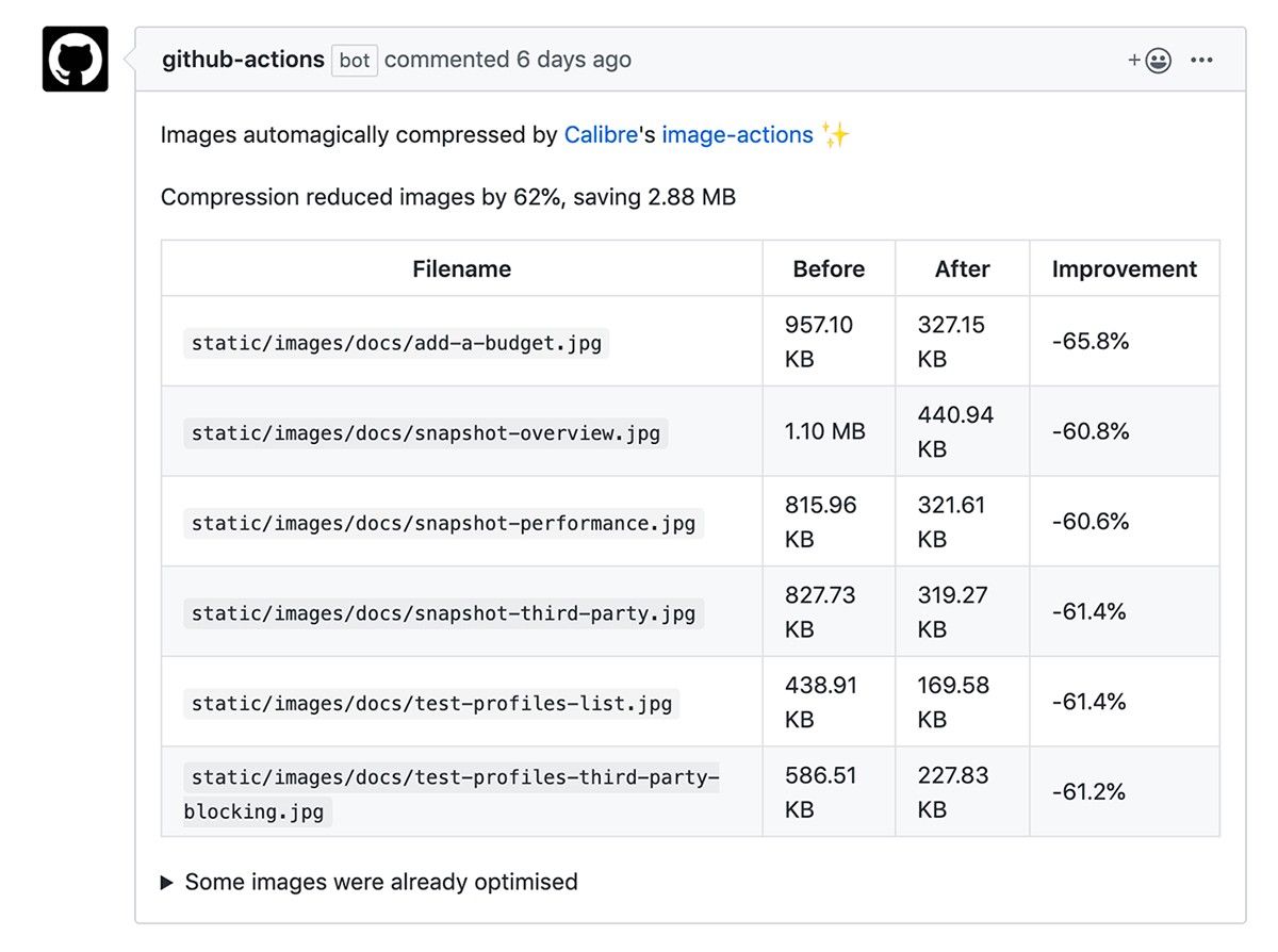 Calibre Image Action compression in Pull Requests showing significant megabyte savings.