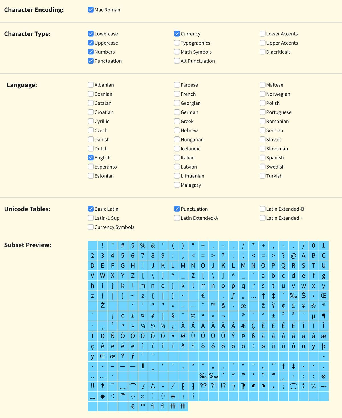 A preview of Font Squirrel's subsetting tool