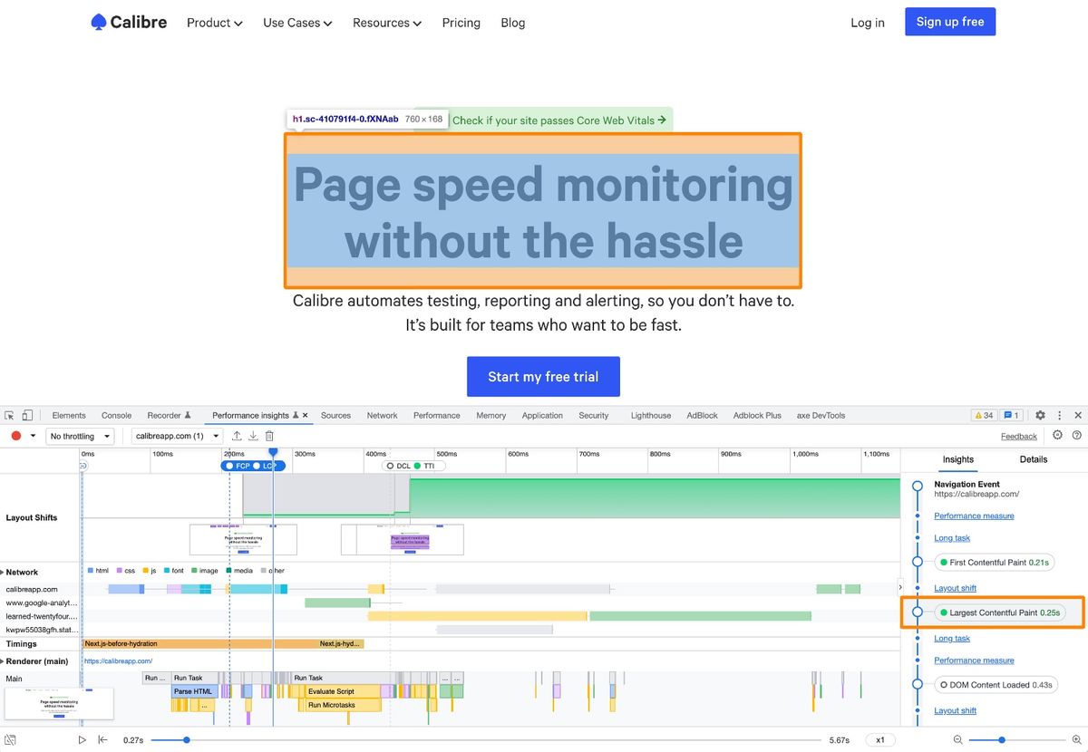Calibre’s website in Google Chrome with highlighted top heading as the Largest Contentful Paint element.