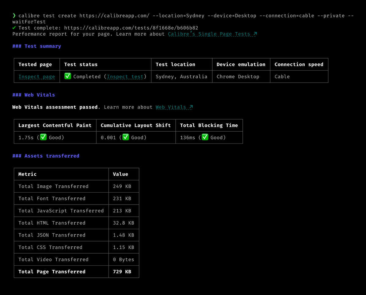 Terminal output of the calibre test create command outlining Core Web Vitals, test status and assets transferred