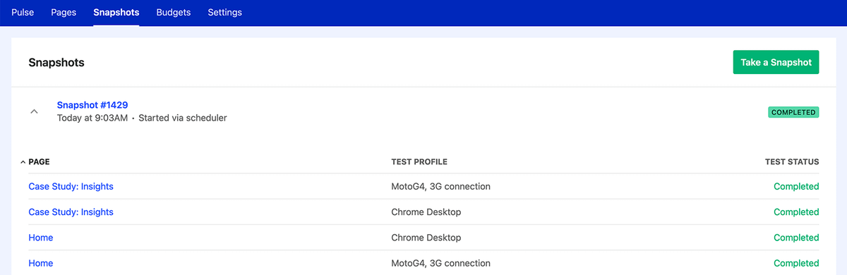 Snapshot Page with all performance tests and their status.