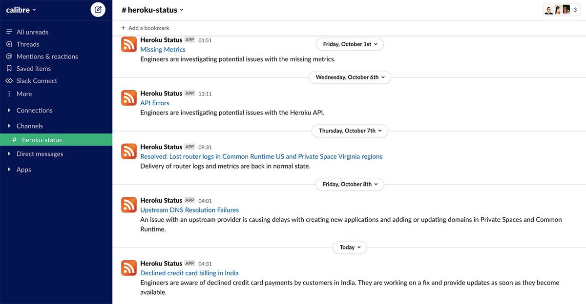Slack channel with updates about Heroku status.