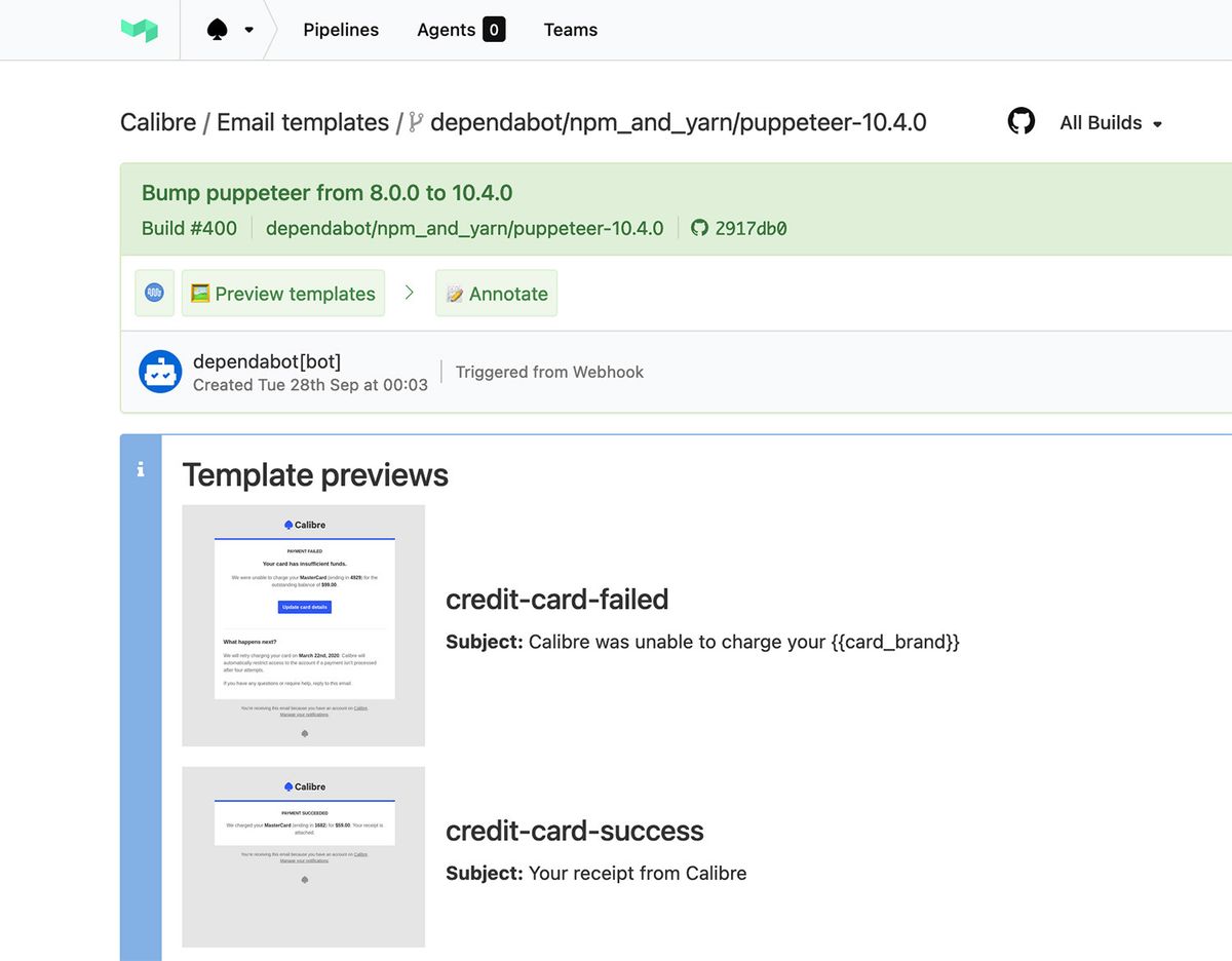 Preview of transactional emails we generate in continuous integration suite.