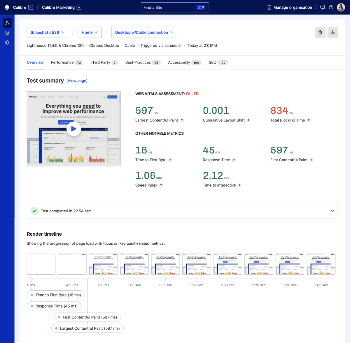 Calibre’s Snapshot page highlighting key speed metrics (like Web Vitals) and the progression of page rendering process.