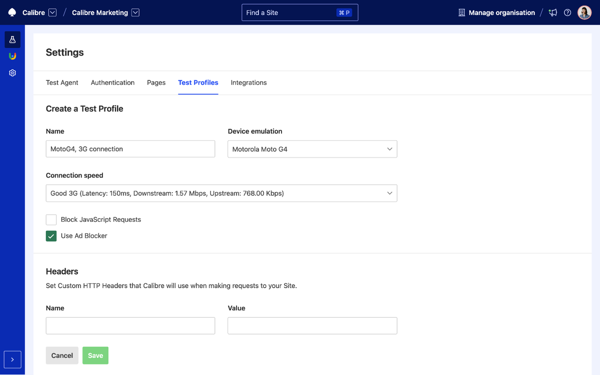 Create Test Profiles for different devices, connection speeds and presets, like blocking JavaScript, selected third parties or ads.