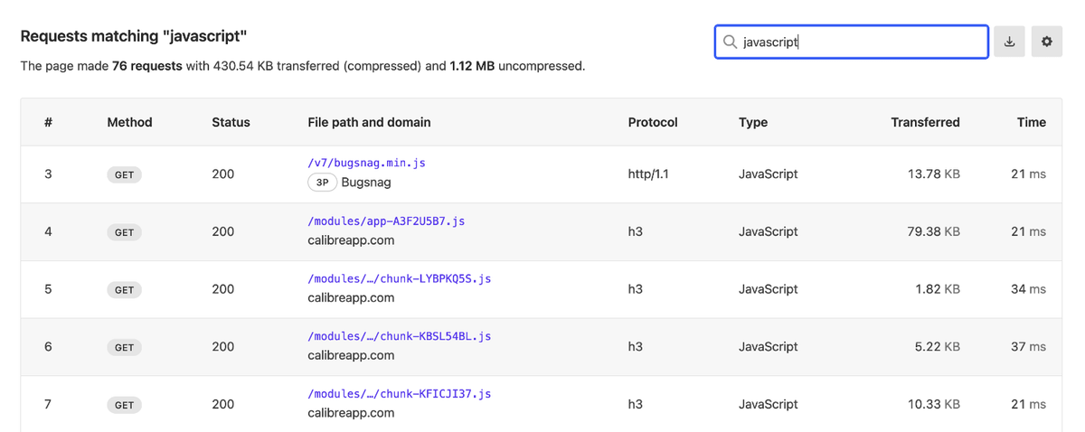 Request table filtered by javascript keyword showing 76 requests with the first one being from a third party called Bugsnag.