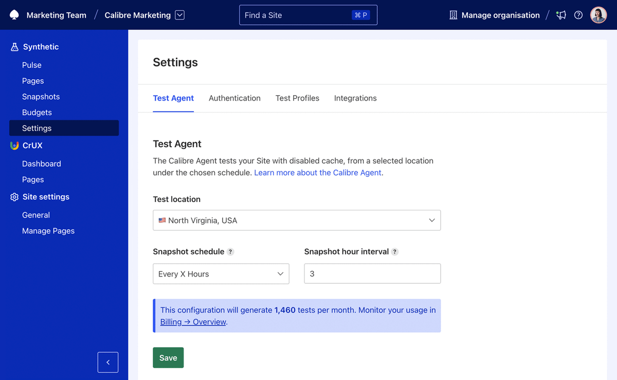 Test Agent schedule settings showing how often your Site will be tested.