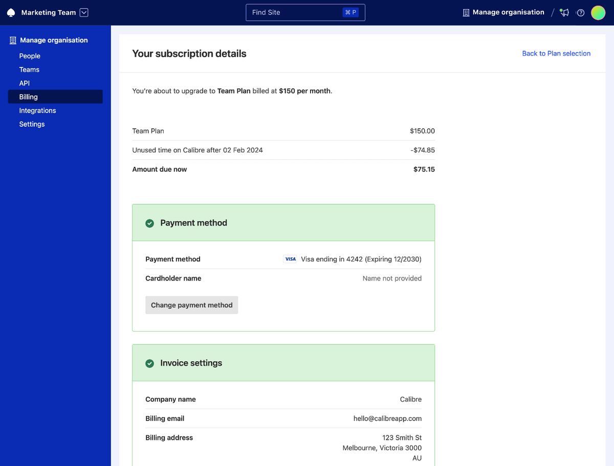 Order summary showcasing your Calibre subscription pricing details