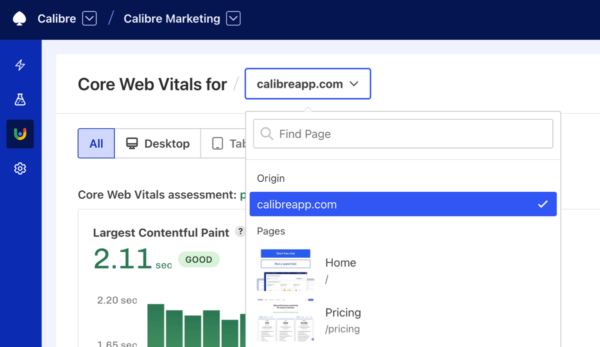 Screenshot of the expanded Origin/Page Dropdown on Calibre’s CrUX Dashboard, displaying options for an origin report or individual Page reports for the Home and Pricing pages