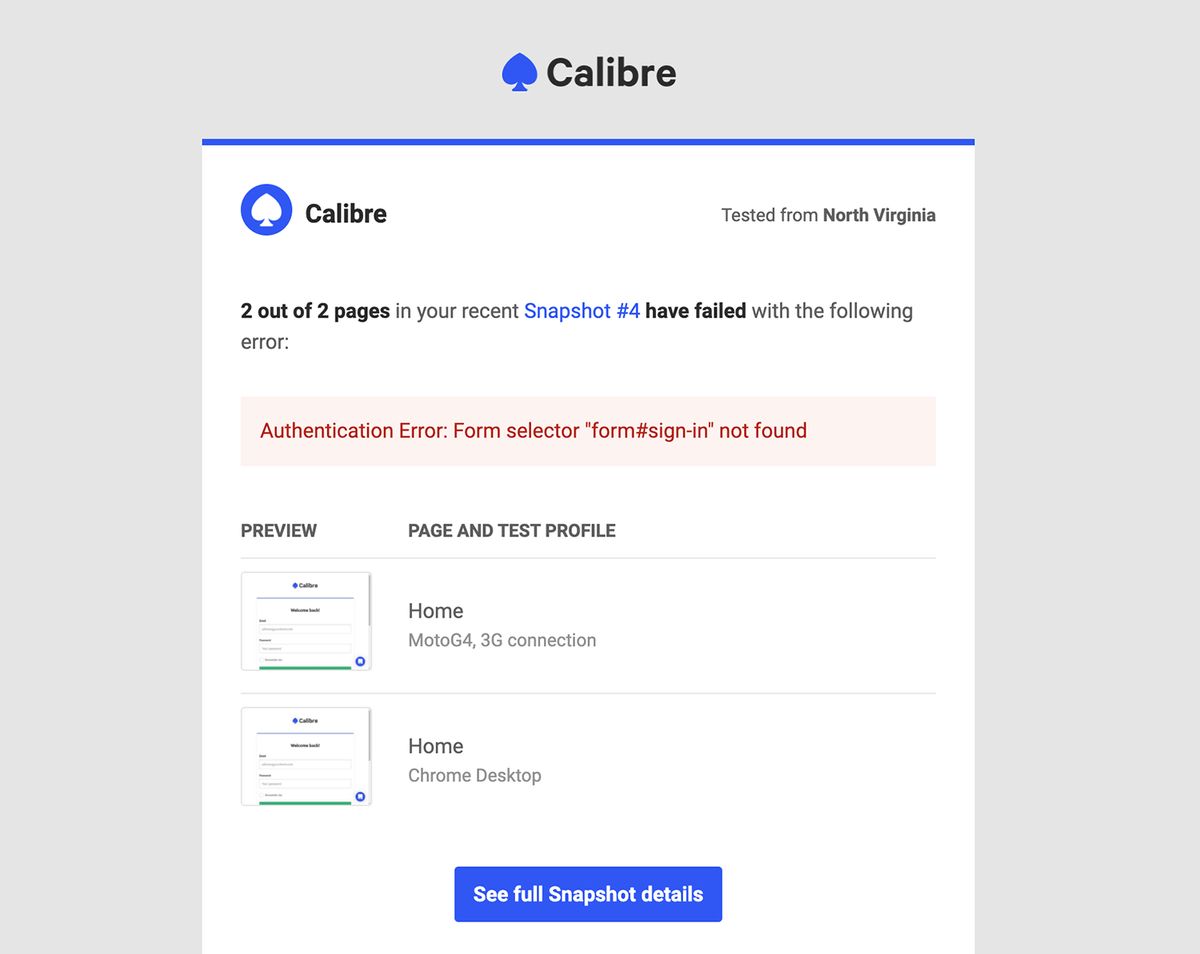 A preview of a test failure notification email