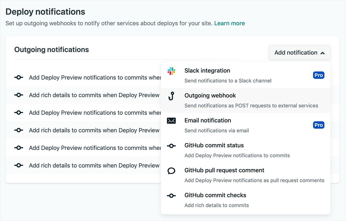 Add an outgoing webhook in Netlify