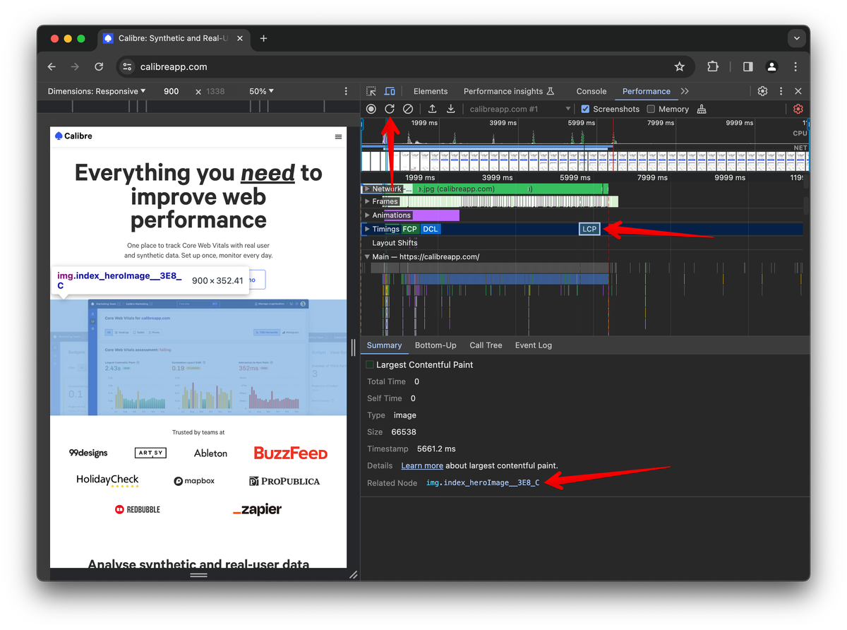 Chrome Devtools LCP element highlighted in the Performance panel.