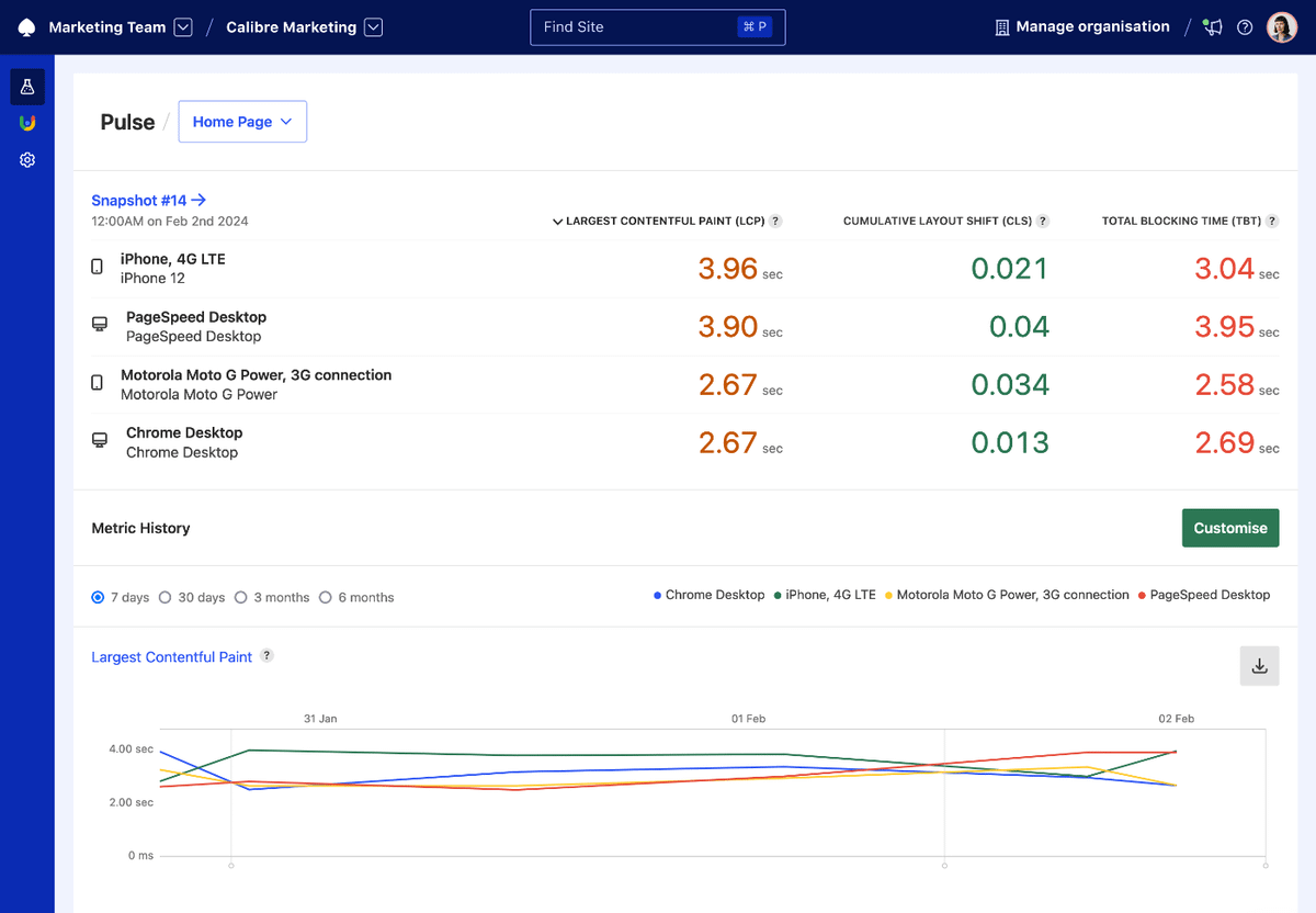 Pulse report showing Web Vitals in textual and chart form for each Test Profile of a tested page.