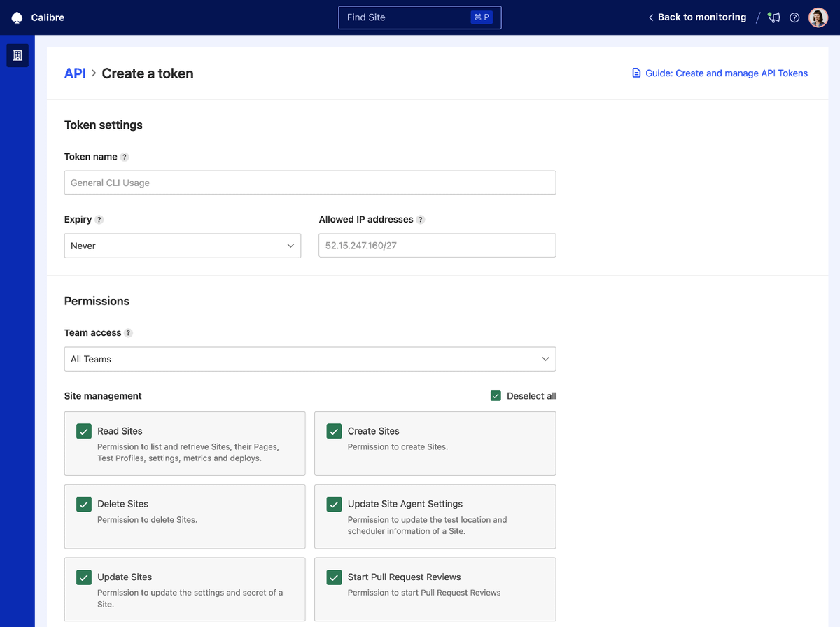 Creating an API Access Token with selected permissions