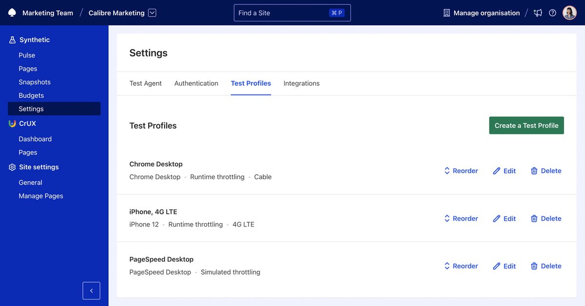 Test Profile list and creation screen