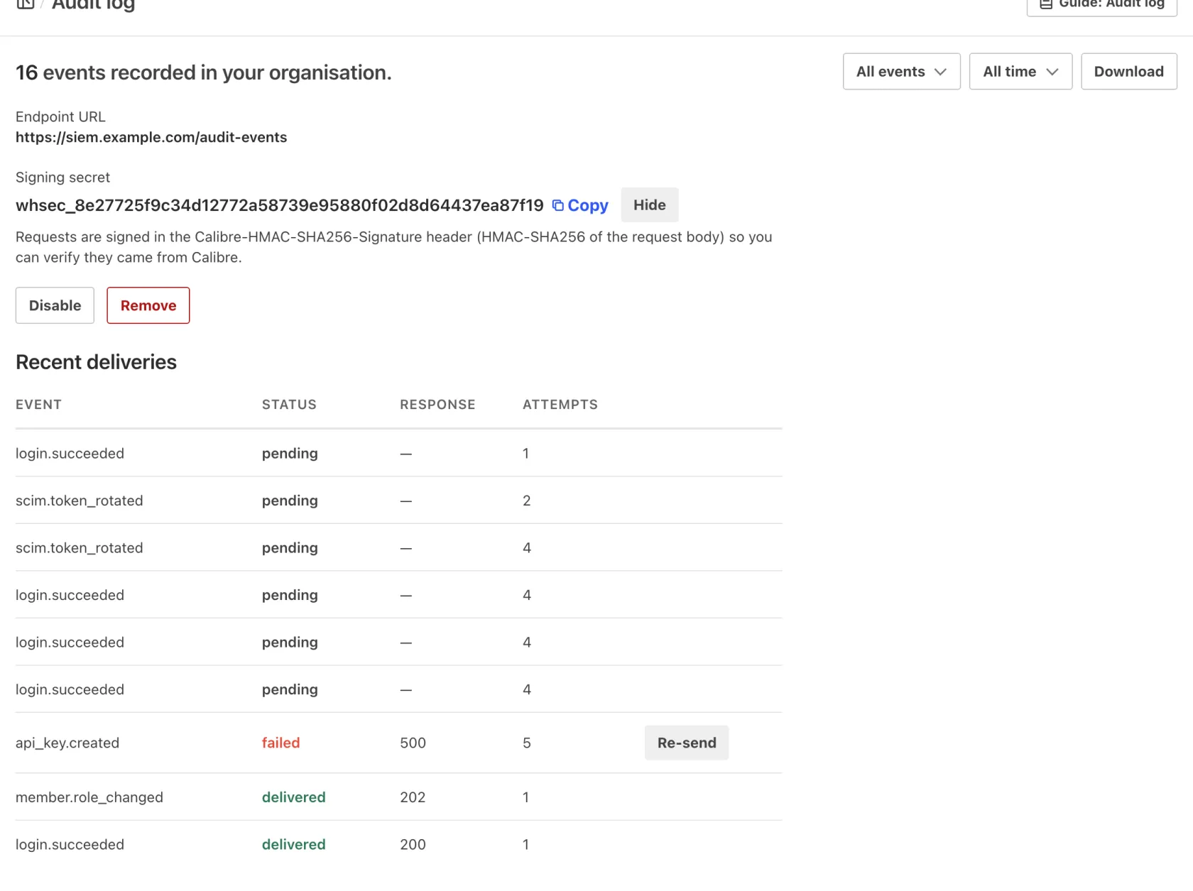 The Audit log webhook settings, showing the endpoint URL, signing secret and a recent deliveries table.
