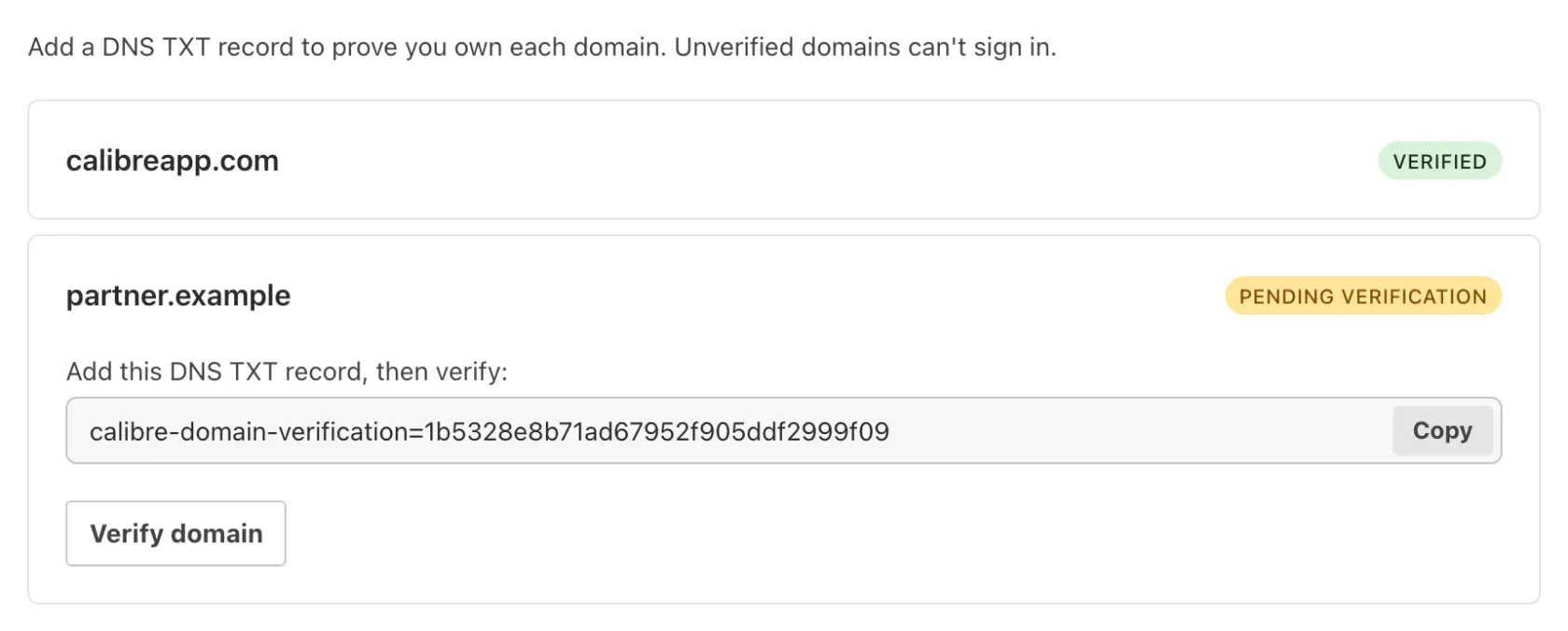 The Verify your domains panel showing an email domain marked Pending verification with the calibre-domain-verification DNS TXT record to publish.