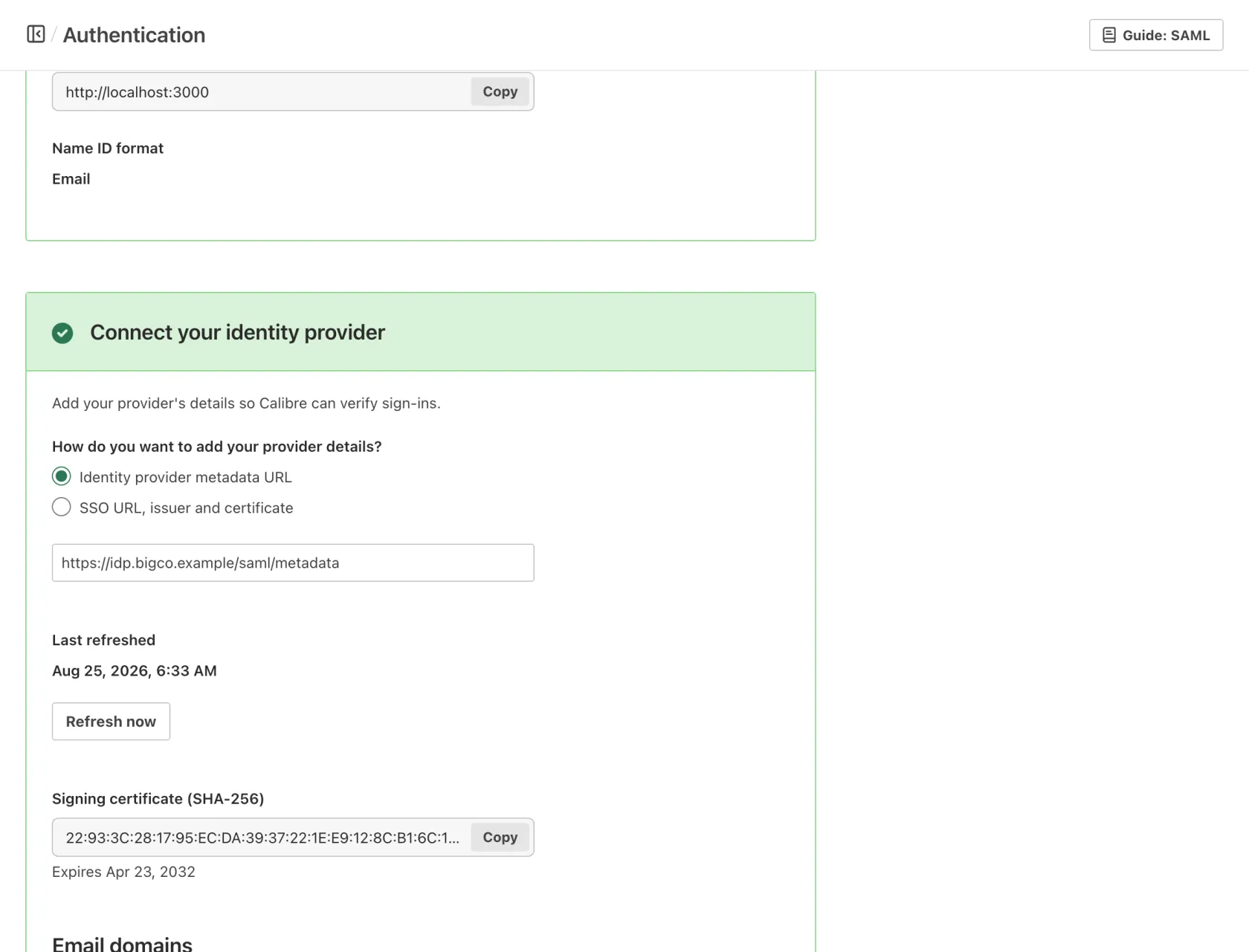 Identity provider metadata can be imported with a URL, or entered manually.
