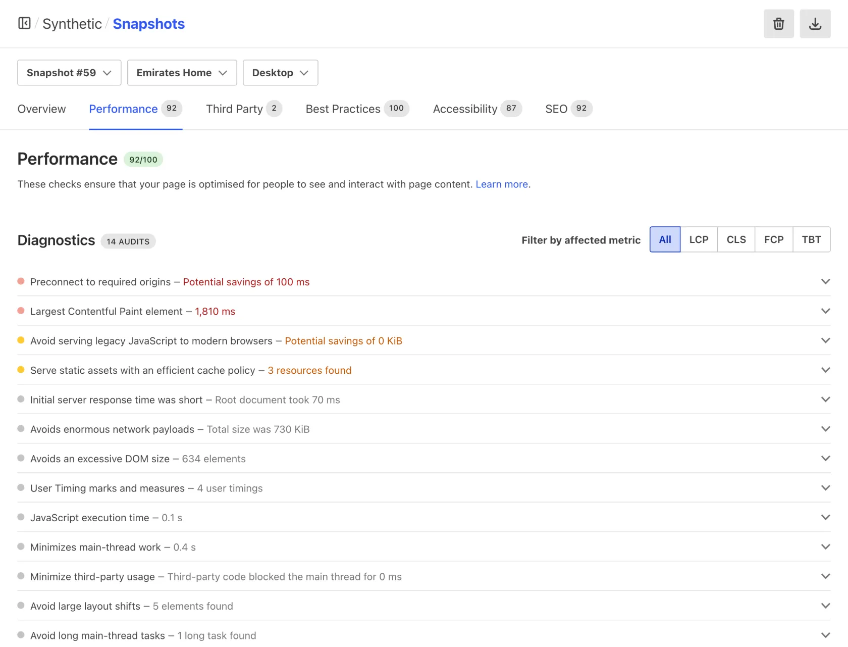 Performance Audits tab for a Snapshot showing a score out of 100 and listing audits in three categories: opportunities, diagnostics and passed audits.