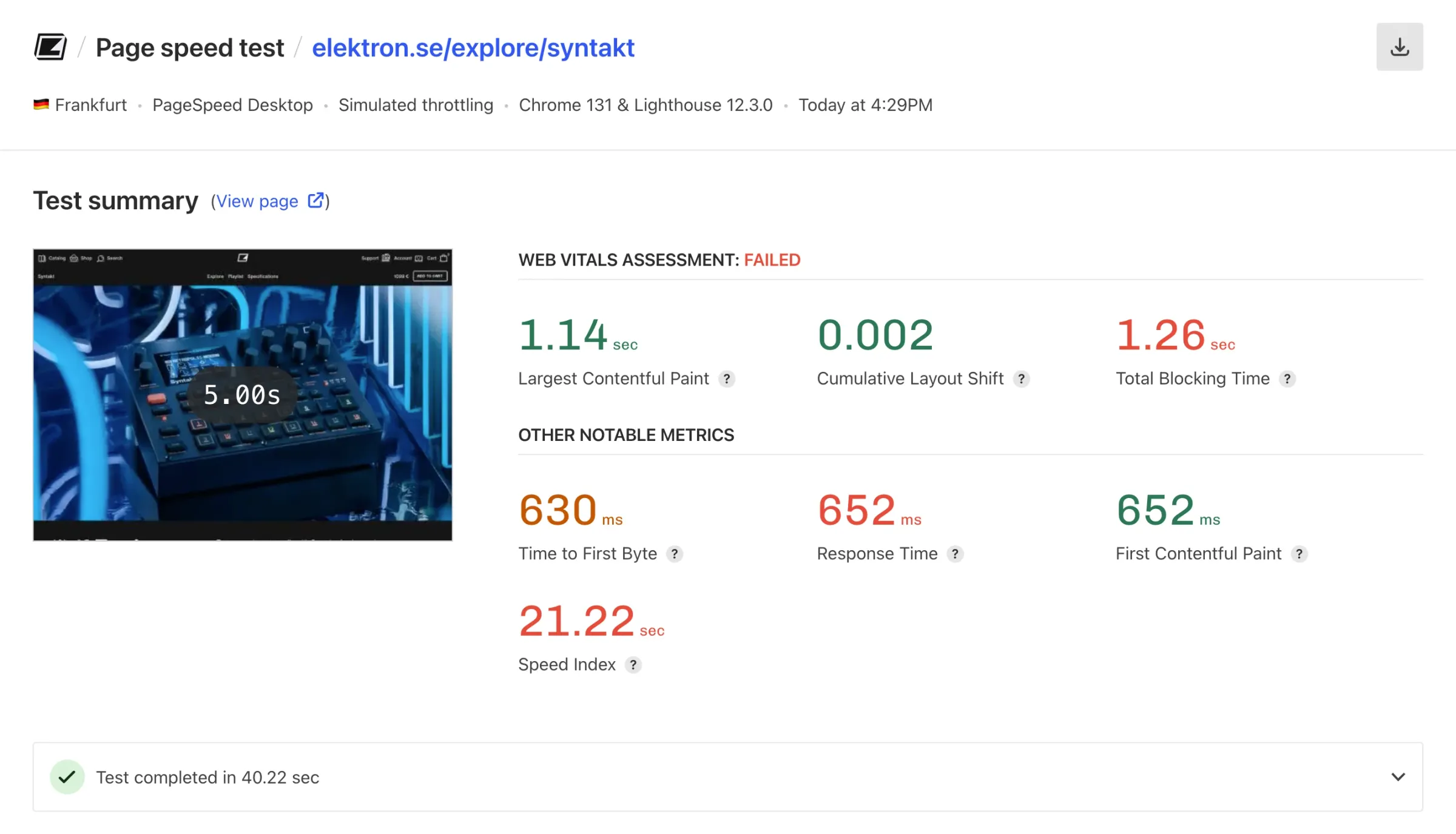 Screenshot: Page speed test for elektron.se. Largest Contentful Paint was observed at 3.43 seconds.