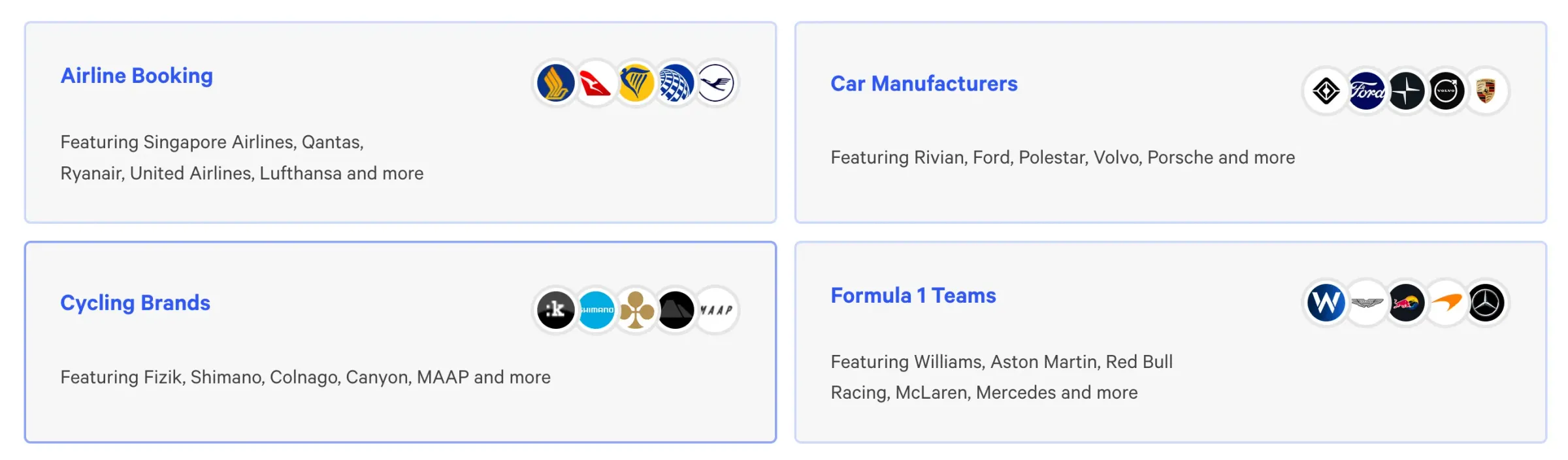 Screenshot: Leaderboards by industry sector: Airline Booking Engines, Car Manufacturers, Cycling Brands and Formula 1 teams.