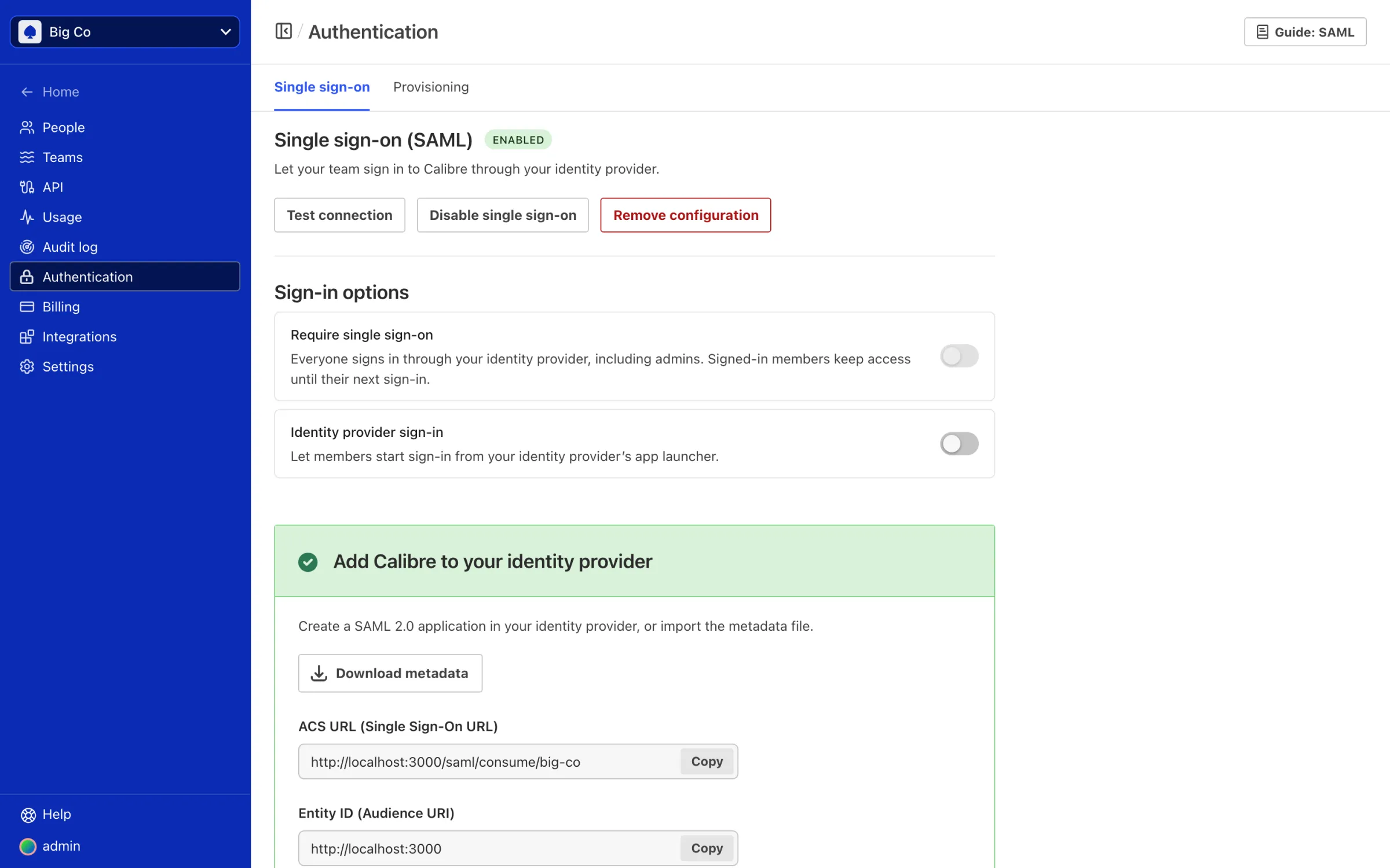 Viewing a SAML SSO configuration