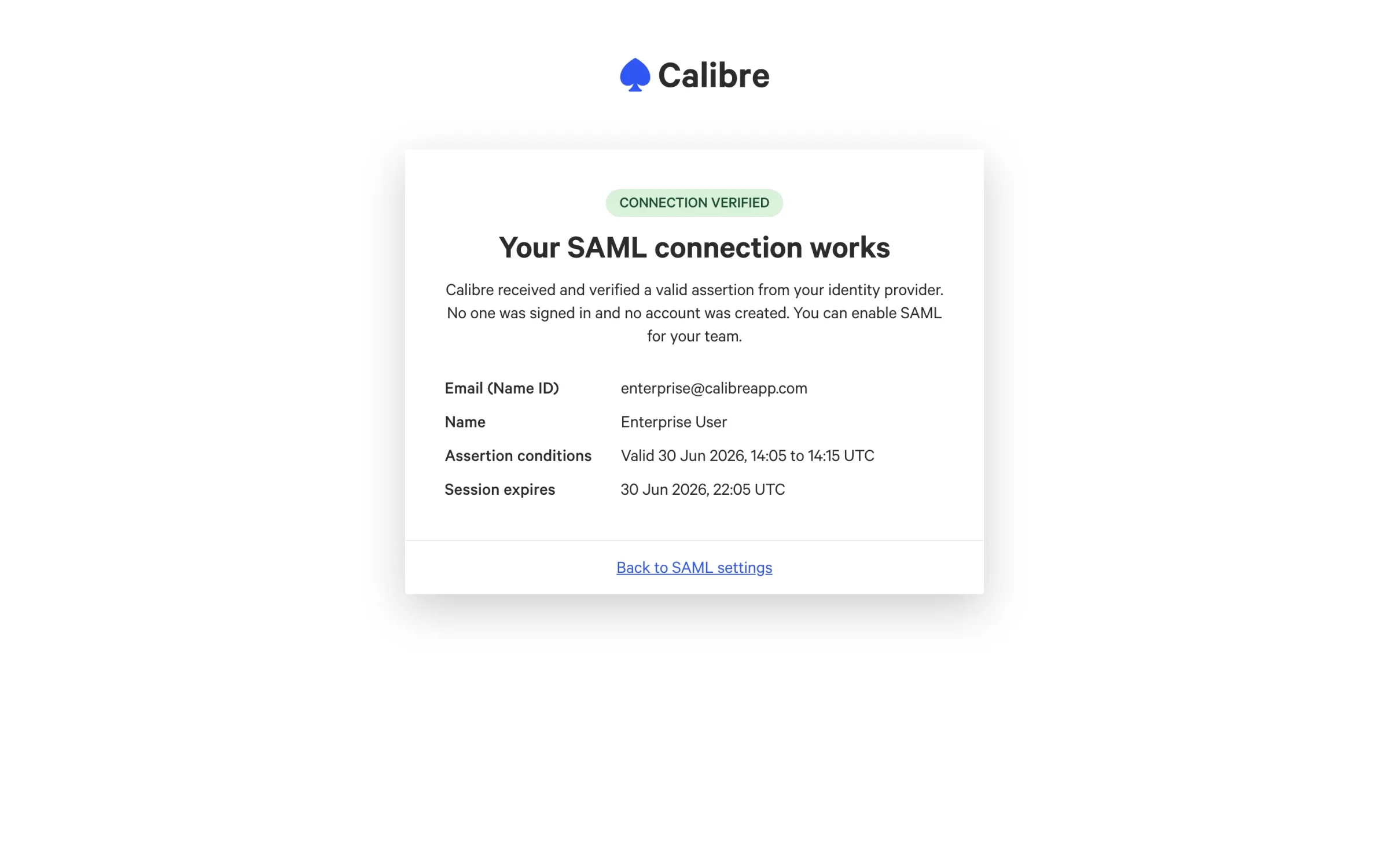 The Test connection result on the Authentication screen, showing a passing SAML round-trip with the decoded Name ID, Name attribute and assertion conditions.