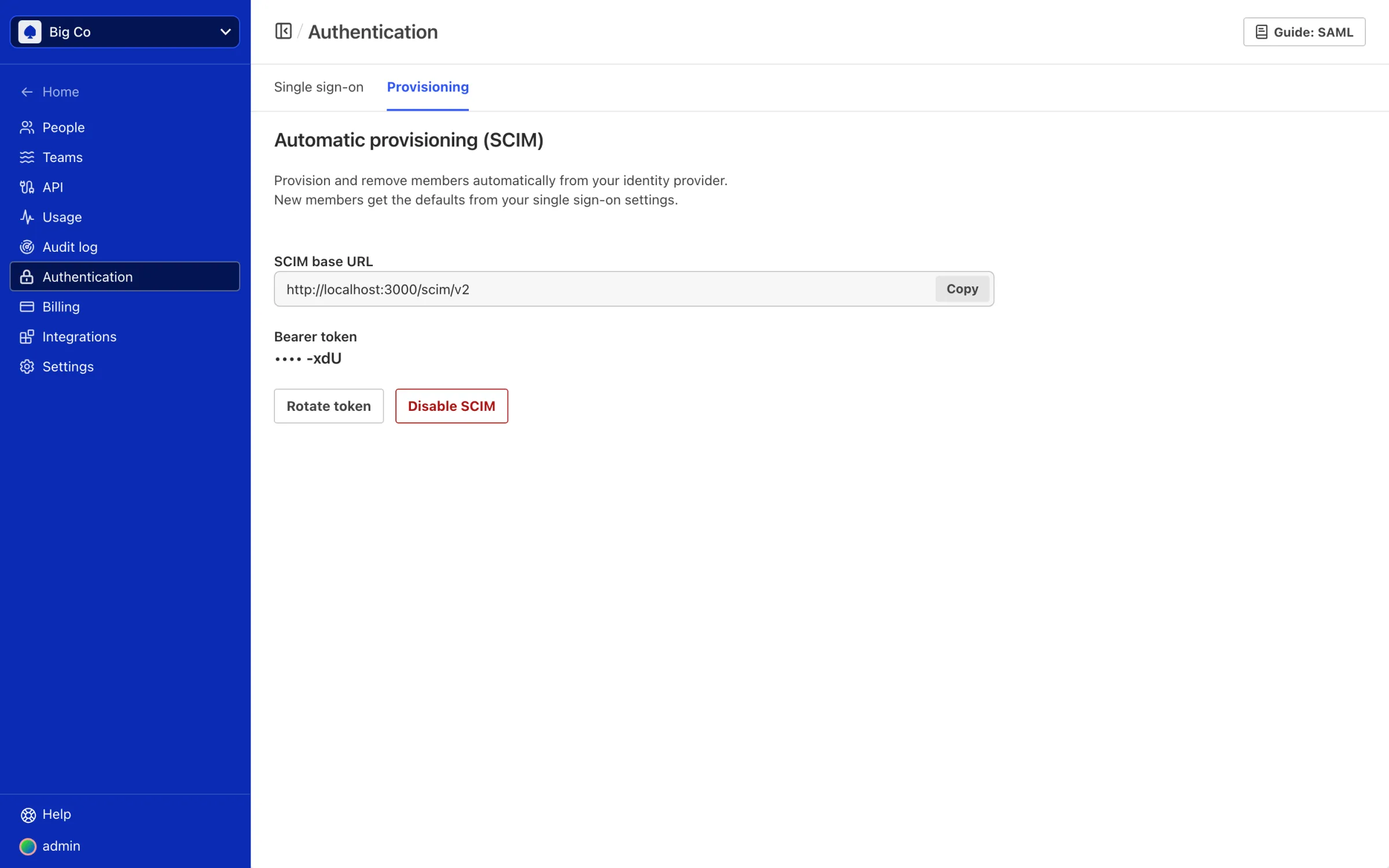 The Provisioning tab of the Authentication screen, showing the SCIM Base URL and a one-time bearer token to paste into your identity provider.