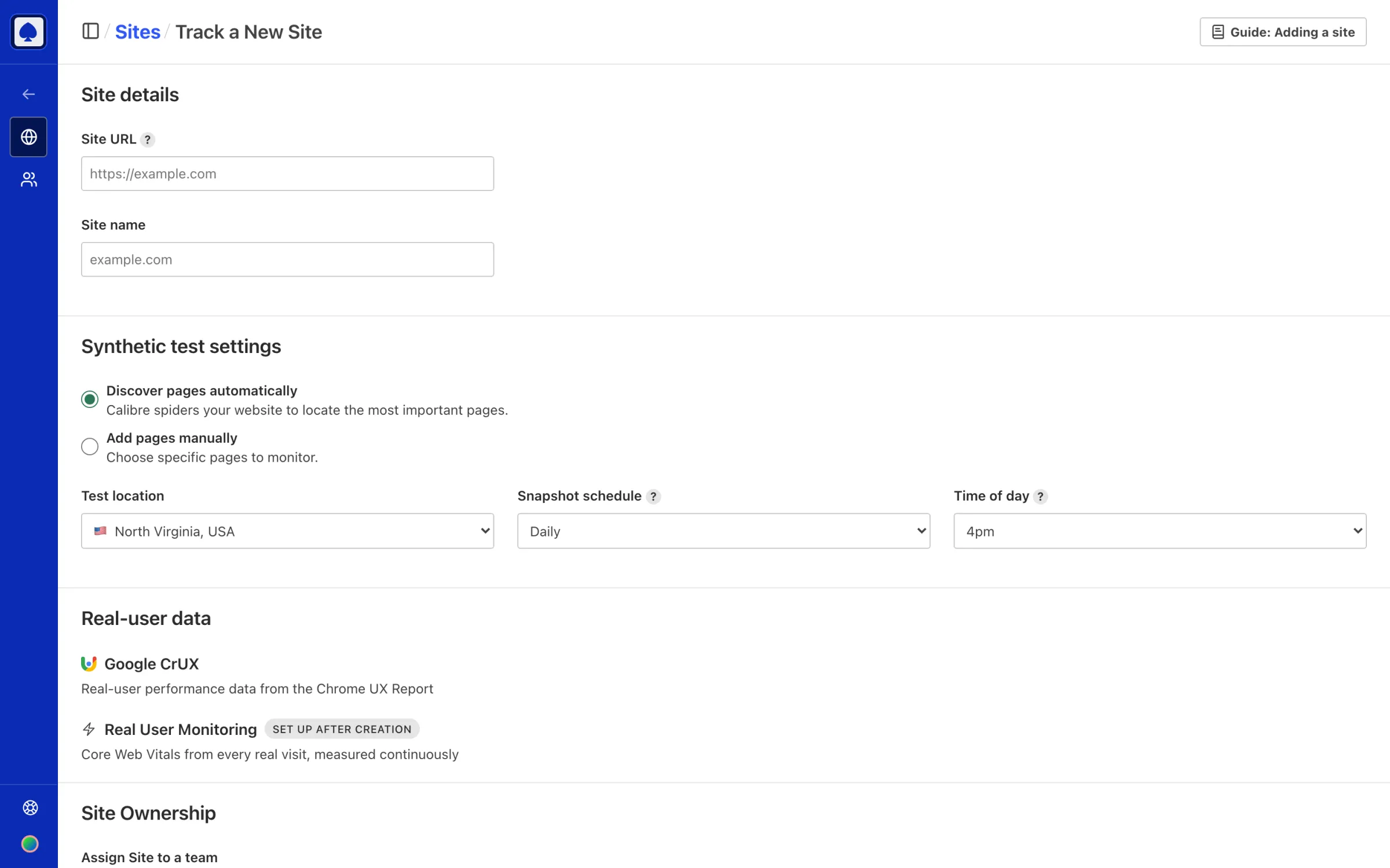Track a New Site form in Calibre showing Site details and Synthetic test settings, with the choice to Discover pages automatically or Add pages manually alongside test location, snapshot schedule and time of day