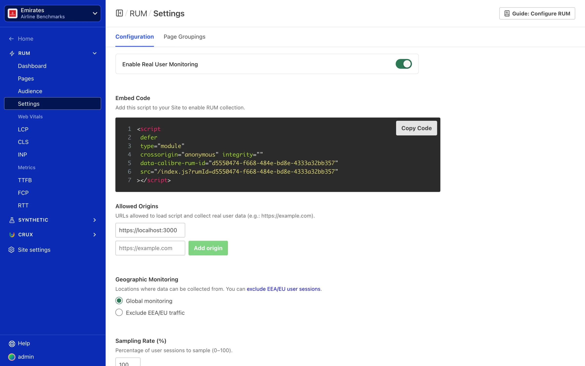 Enabling RUM for a site