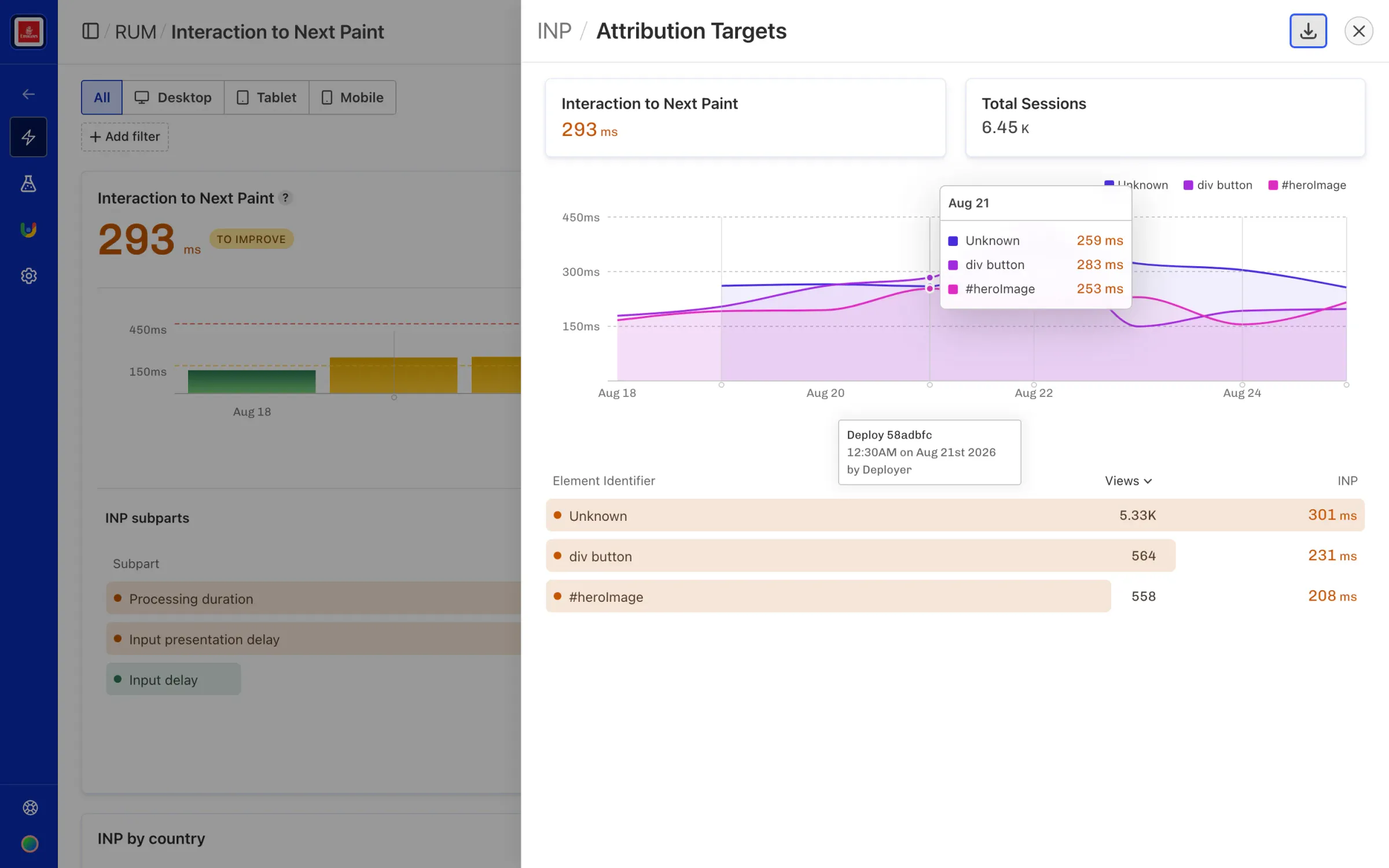 RUM INP Attribution Targets showing interaction performance data