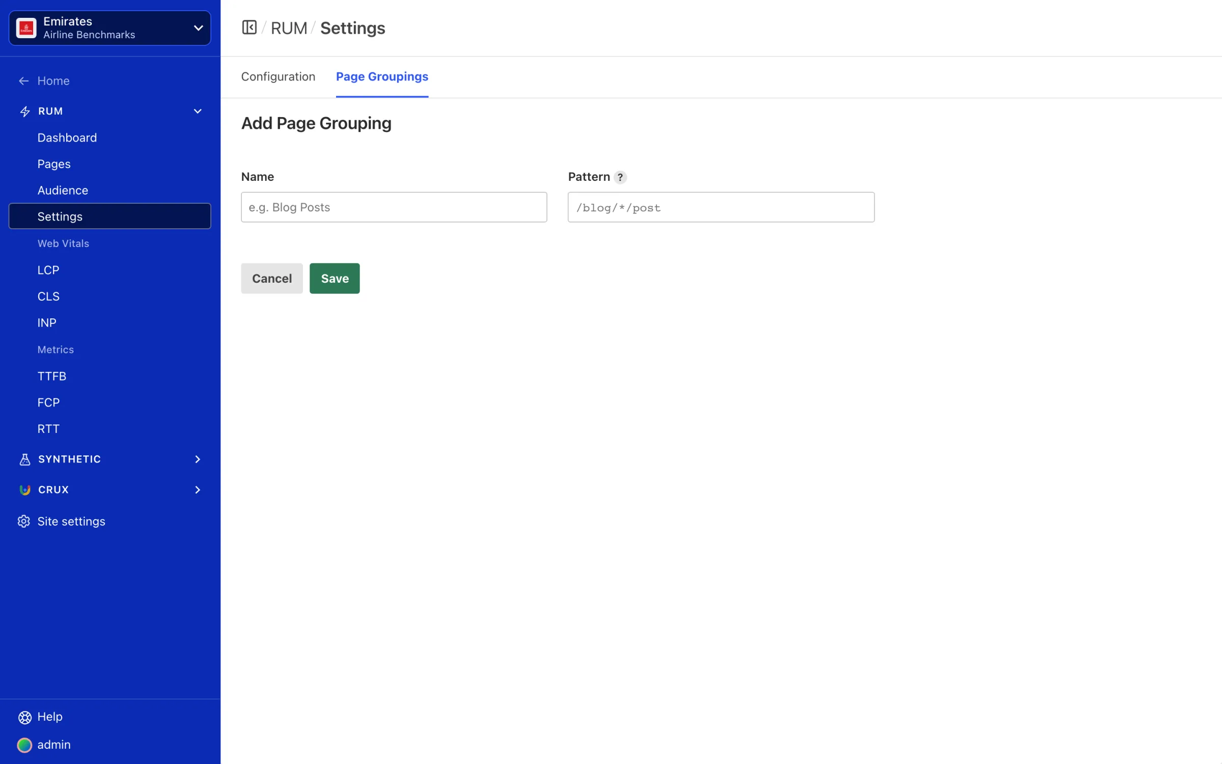 The Add Page Grouping form with Name and Pattern fields.