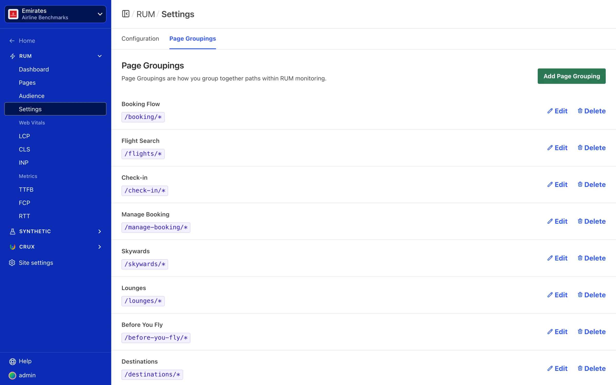 The Page Groupings settings list showing several groupings with Edit and Delete actions.