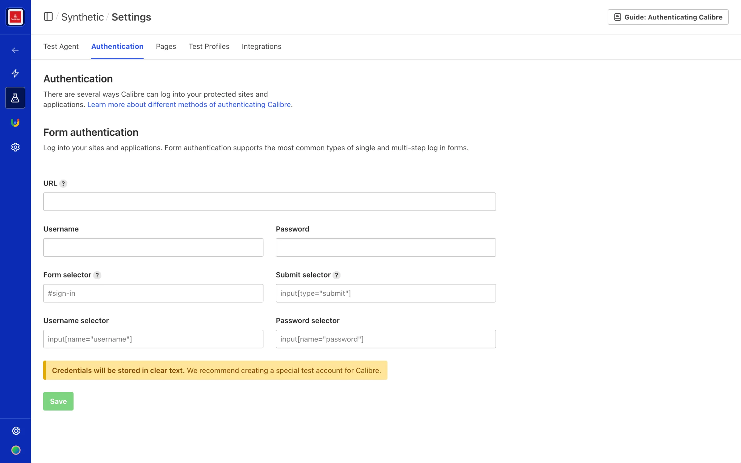 Form authentication configuration showing automated login setup for testing pages behind authentication