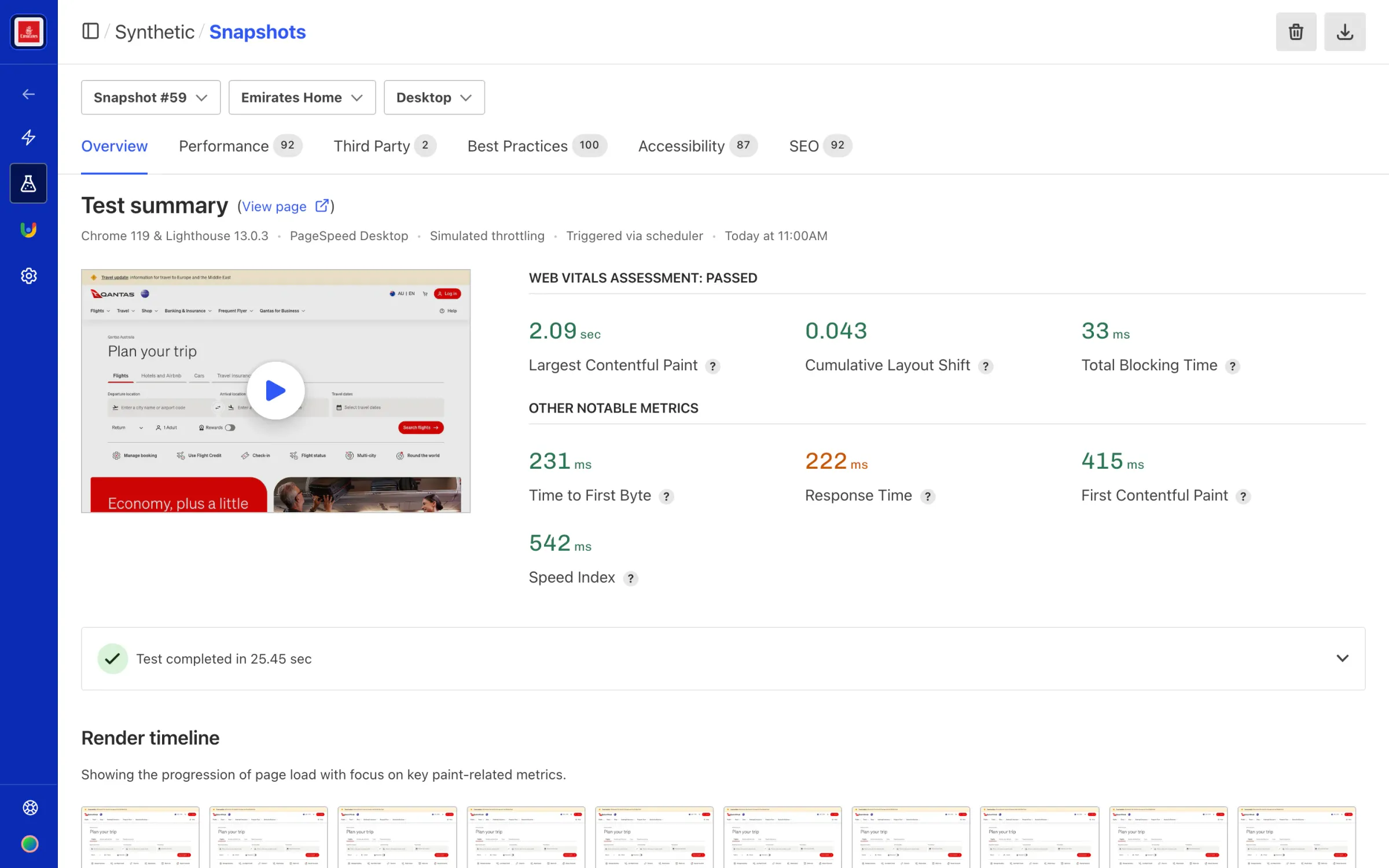 Snapshot Overview showing a test summary with video, Web Vitals assessment, and detailed metrics