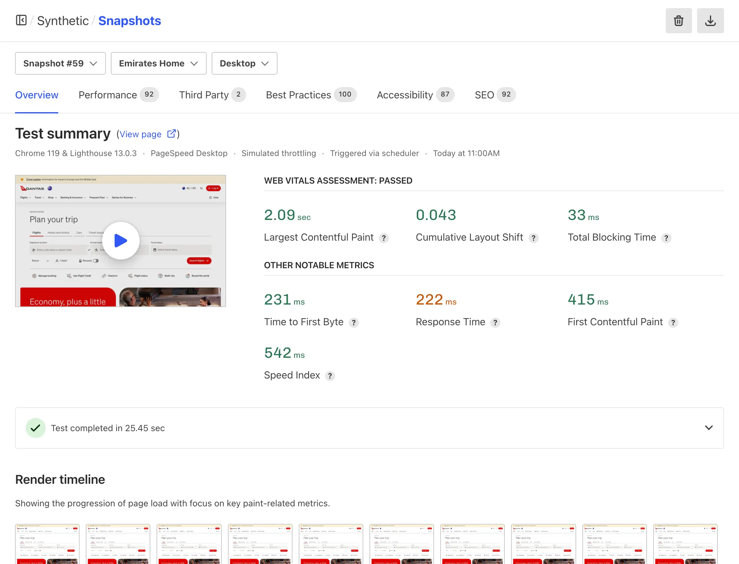 Calibre Synthetic Pulse dashboard showing scheduled test results with performance metrics over time